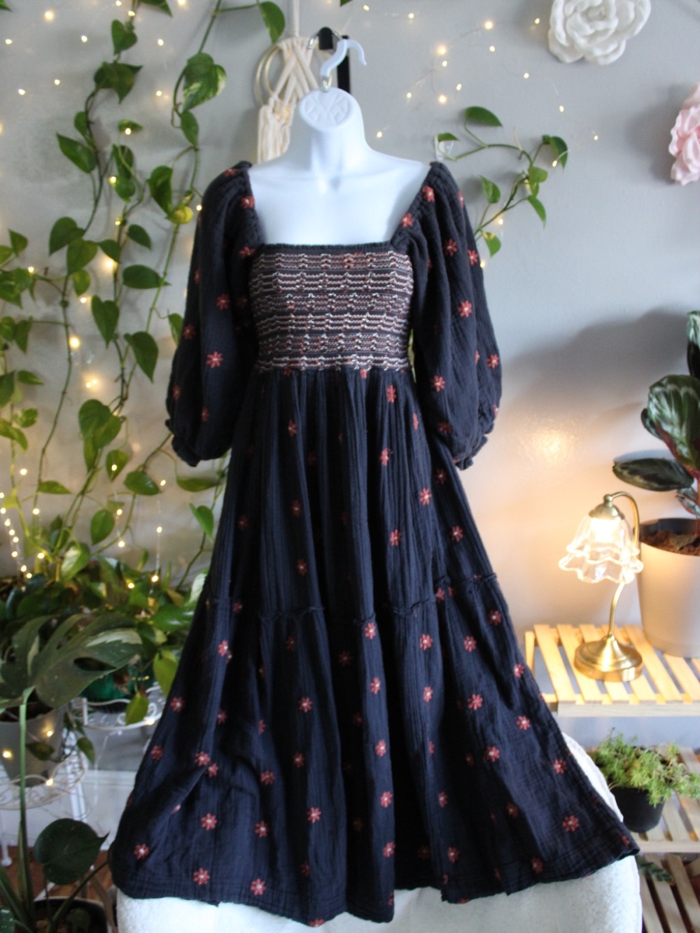 Free People Black Embroidered Smocked Gauze Boho Maxi Dress XS